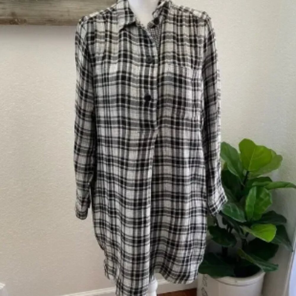 Madewell black plaid gauzy cotton shirt dress size‎ Large